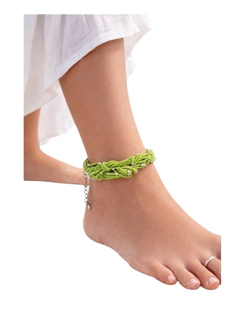 Vincero Green Beaded Anklet With Adjustable Chain & Silver Accents Summer Jewelr